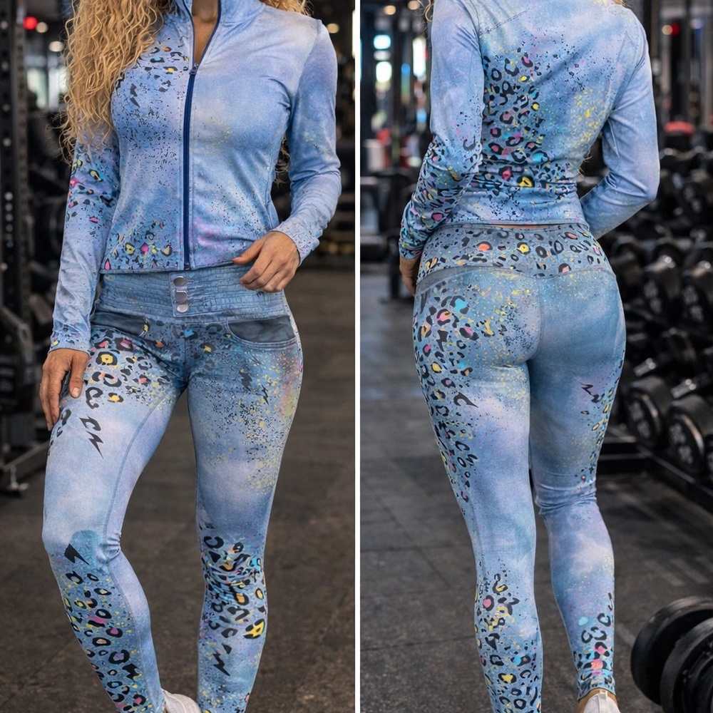 Trendy boutique Light Blue Leopard-Print Athletic Leggings & Zip Jacket Set